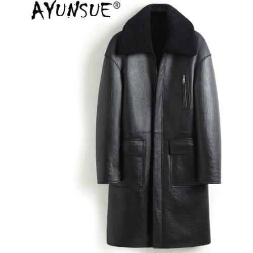 AYUNSUE Sheep Shearling Genuine Leather Jacket Men Winter Real Fur Coat Sheepskin Leather Coats Double-sided Wear 8408 KJ3633