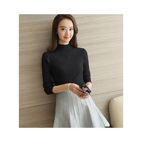 Hot-Selling Fashion Popular Autumn Winter New Korean Womens Slim Thin Long-Sleeved Pullover Half-High Collar Solid Color Sweat