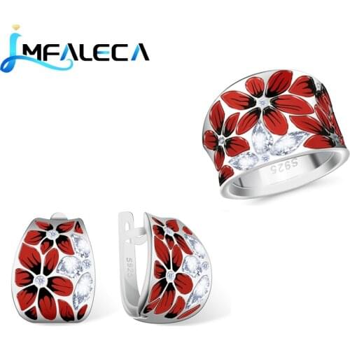 LMFALECA Silver Jewelry Sets for Women Red Enamel Flower Decoration 925 Sterling Silver Fine Jewelry Earrings Rings with Stone