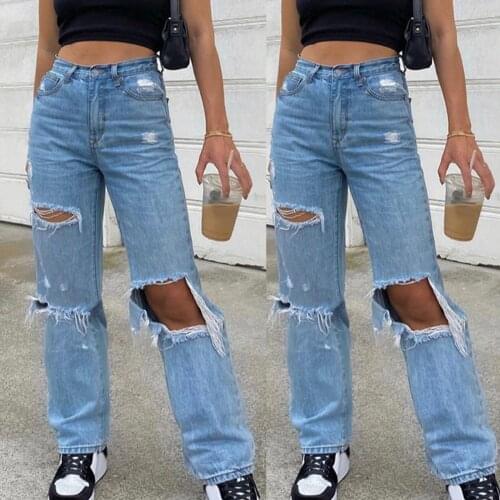 Fashion Jeans Women Button High Waist Pocket Elastic Hole Jeans Trousers Loose Denim Pants Plus Szie Jeans Harajuku Streetwear