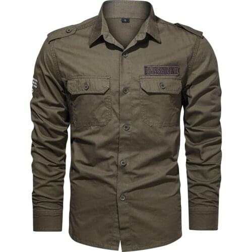 Mens New 100% Cotton Long Sleeve Shirt Lapel Single Breasted Military Green Slim Fashion Fall Casual 4XL Plain Shirt For Men