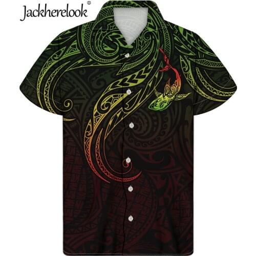 Jackherelook Men Hawaiian Shirts Gradient Polynesian Tribal Rasta Pacific Tuna Print Casual Short Sleeve Beach Shirt Male Tops