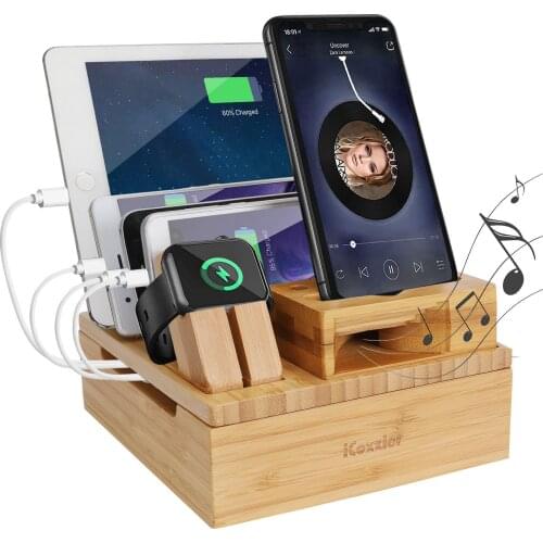 Bamboo Desktop Multi-Device Dock & Organizer Station Phone Sound Amplifier 4-slot Removable Phone Wireless Speaker Holder Stand