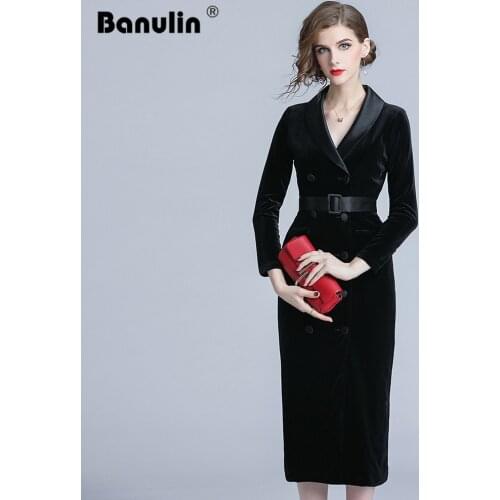 New Autumn Fashion Double-breasted Velvet Dress Women Winter Long Sleeve Blazer Collar Ladies Office Wear Bodycon Party Dress