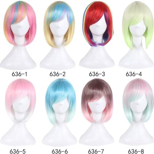 Fashion Sexy Rose Net Colorful Rainbow Wig Short Ombre Straight Bob Wigs For Women Synthetic Hair Cosplay Wig 8 Models