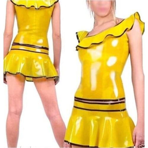 Latex Rubber Cosplay Maid Dress Yellow Sexy Tight Skirt with Top Everyday Wear Party Role Play XS-XXL