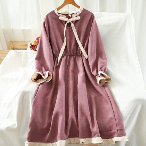 T779 New Spring Autumn Sweet Girl Dress Lacing Stand Collar Long Sleeve Elastic Waist Preppy Style Women Dress