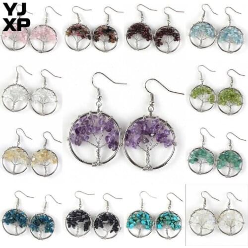 YJXP Silver Plated Handmade Wire Wrapped Tree of Life Chakra Gravel Stones Circle Round Shaped Dangle Earrings Charms Jewelry
