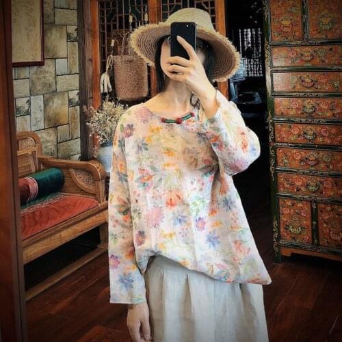Johnature 2020 New Chinese Style Print Flower Blouses Women Top Autumn Ramie Shirts O-Neck Casual Loose Casual Linen Shirt