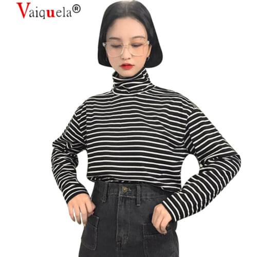 Womens Korean version of loose high neck long sleeve striped T-shirt thinbottoming shirt top student compassionate tide Cotton