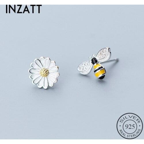 INZATT Asymmetry Stud Earrings Cute Bee Sun pink Flower Enamel in Summer For Women 925 Sterling Silver Fashion Jewelry 2018 gift