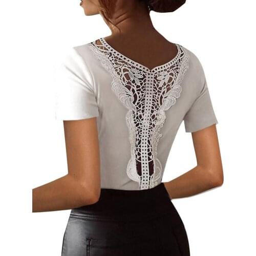 Summer Sexy Women T-Shirts Back Hollow Out Design Lace Decor V-Neck Solid Color Short Sleeve Slim Pullovers Top for Streetwear
