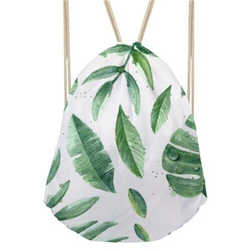 Noisydesigns Green Leaves Hawaiian Style Cinch Sack Backpack Beach Bags Storage Travel Mini Backpacks For Girls Shopper Bag