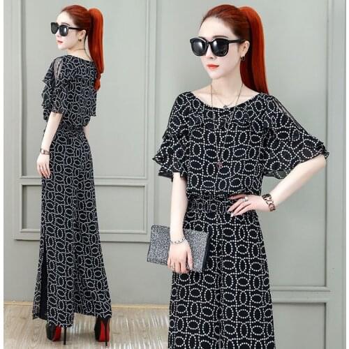 Womens 2021 Summer New Fashion Chiffon Lotus Leaf Sleeve Crop Top And Wide Leg Pants Two Piece Set Korean Plus Size Casual Suit