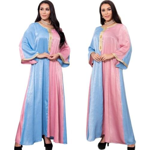Dubai Kaftan Muslim Women Long Dress Elegant Islamic Clothing Arabic Abaya Turkey Ramadan Color Block O-neck Maxi Robe Gown New