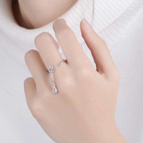 MEYRROYU Sterling Silver Hot Sale Love Heart Hanging Chain Zircon Ring Shiny Sweet Romentic Wedding Hand Accessories For Women