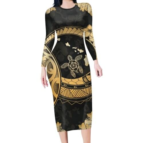 Polynesian Tribal Hawaii Floral Elegant Party Women Dress Slim O Neck Long Sleeve Mid Pencil Dress 2021 Casual Office Lady