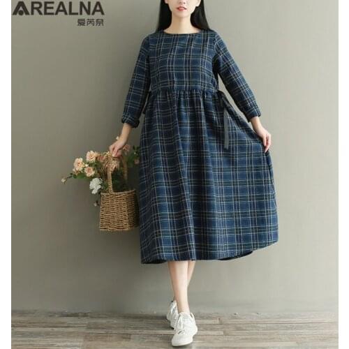 Autumn Casual Vintage Plaid Dress women Elegant Sweet bow Lace Up ladies dresses vestidos mujer Cotton Linen Midi Dress 2019