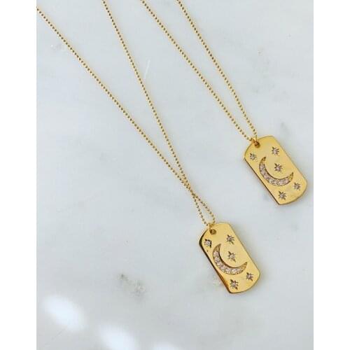 Starburst tag necklace gold color engraved moon star sparking bling vintage women jewelry