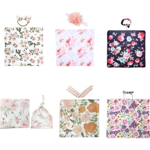 2 Pcs Newborn Floral Swaddle Wrap+ Headband Set Baby Cotton Receiving Blanket 97BC