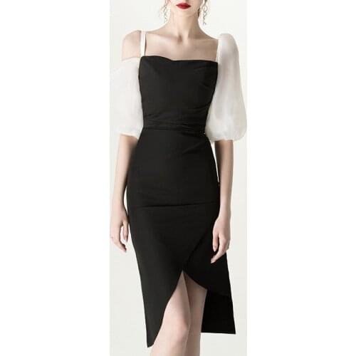 2020 Elegant Puff Mesh Sleeve Party Sexy Square Neck Slim Women High Waist Bodycon Dress Vestidos