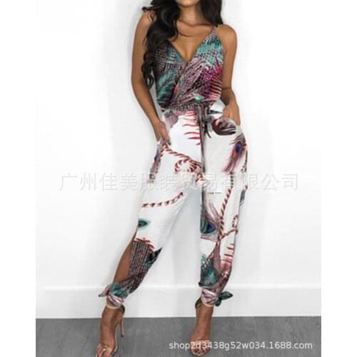 2021 new womens feather print sleeveless jumpsuit ladies pants rompers womens jumpsuit
