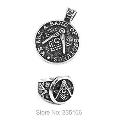 Free shipping! Masonic Ring and Heavy Mason Pendant Stainless Steel Jewelry Freemasonry Mason Motor Biker Jewelry Set SWR0297RP
