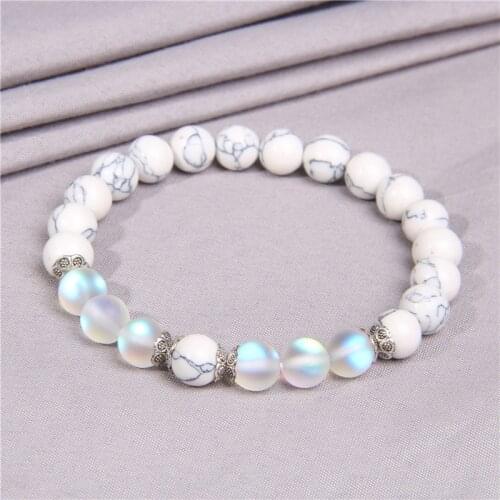 Moonstone Stone Beads Bracelets for Women White Turquoises Bracelets Shiny Prayer Healing Couple Bangles Female Jewelry Gifts