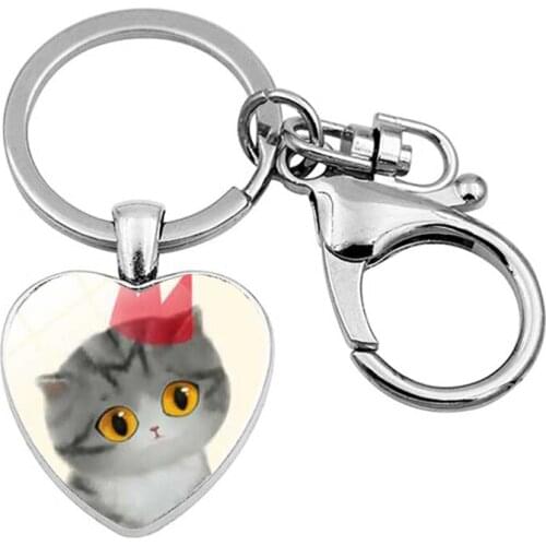 WG1pc Cute Cat Face Cabochon Glass Keychain Heart Shaped Pendant Metal Time Gem&stone Key Ring Lobster Clasp Jewelry For Women