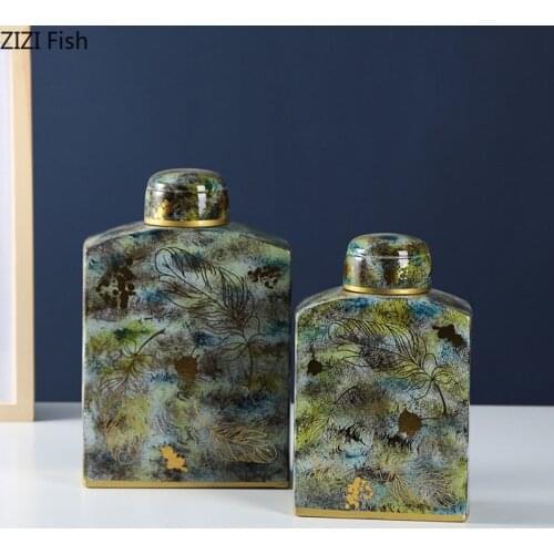 Jungle Painted Ceramic Storage Jars with Lid Modern Decor Porcelain Flower Arrangement Vase Living Room Decoration Storage Tank