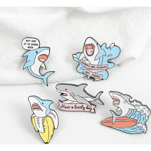 Cute Shark Wave Letter Brooch Bag Clothes Backpack Lapel Enamel Pin Badges Cartoon Jewelry Gifts For Friends Women Accessories