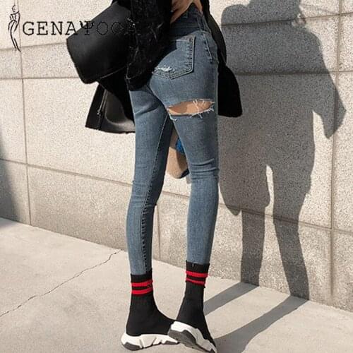 Genayooa Sexy Jeans Woman Streetwear Korean Style Women Skinny Ripped Jeans For Women Vintage Denim Pencil Pants 2019