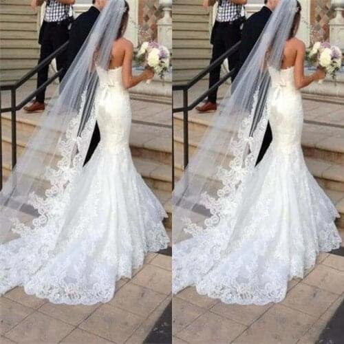 New Best Selling Long Veil One Layer Tulle Wedding Veils Appliques/Lace Bridal Veils White/Ivory Veils for Wedding Dresses