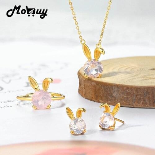 MoBuy Silver 925 Jewelry Set For Women Pink Rabbit Natural Rose Quartz Gemstone Jewellry 14K Gold Plated Fine Jewelry Gift V082