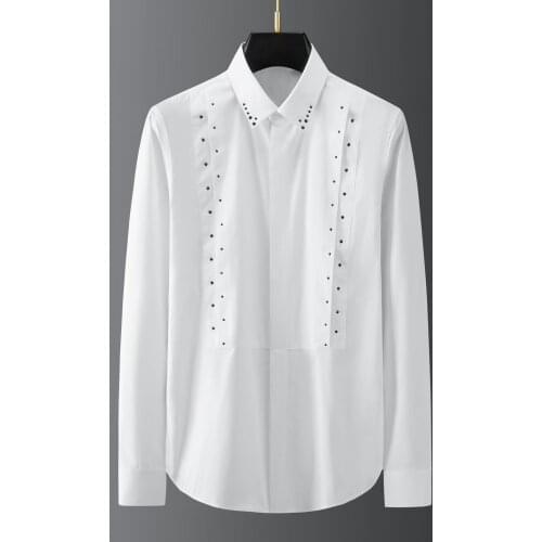 Fashion Brand Personalized Front Patchwork Collar Hot Drill Rhinestone Shirt Mens Long Sleeve Slim Casual White Shirt Korean Men