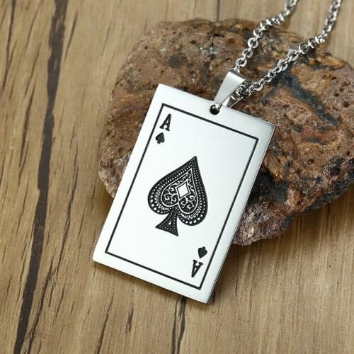 Mens Ace Of Spades Necklace Silver Color Tone Lucky Poker Pendant Stainless Steel Casino Playing Cards Male Fortune Jewelry