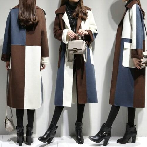 New autumn and winter long woolen coat loose large size womens stitching was thin over the knee womens woolen coat