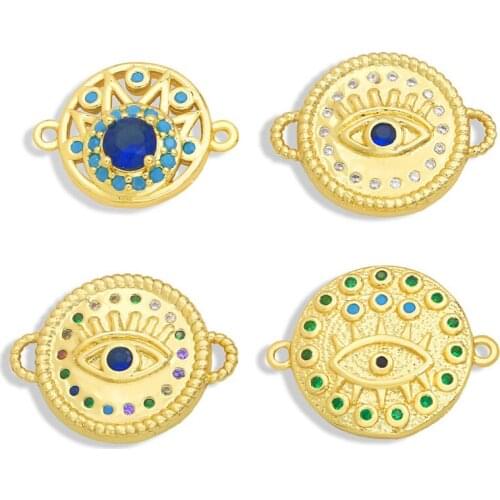 OCESRIO Brass Gold CZ Blue Evil Eye Charms for Jewelry Making Coin Bracelet Connector Charms Two Hole Wholesale Jewelry chma053