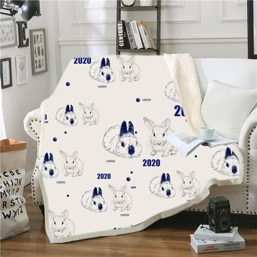 3D Print Rabbit Sherpa Blanket Cartoon Animal Throw Blanket Nap Office Weighted Blanket Airplane For Kids Adult Warm Blanket