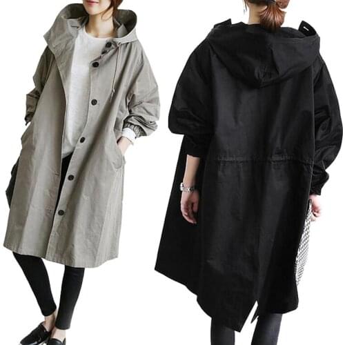Solid Color Casual Hooded Collar Loose Pockets Jacket Autumn Winter Adjustable Waist Women Trench Oversize Simple Women Coats