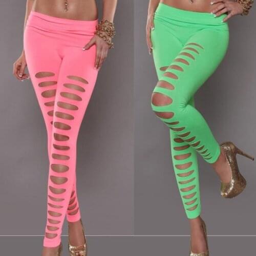 Solid Color Cut Out Punk Leggings Women Fashion Stretchy Jeggings Lady Skinny Legging Pants