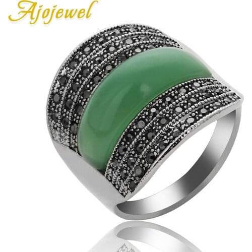 Ajojewel Original Geometric Vintage Rings For Women With Green/Black/Red Stone Jewelry Wide Band RingBijoux