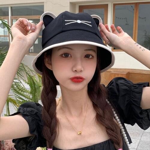 Cartoon Cat Ear Bucket Hat Cap For Girl Cotton Dome Sun Hat Women Korean Spring Summer Panama Solid Female Outdoor Sunhat