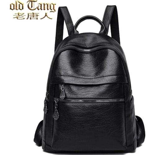 OLD TANG Solid Color Pu Leather Backpack for Women 2020 New Student School Bag Multifunctional Waterproof Travel Bag Mochila