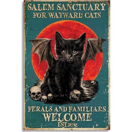 Salem Sanctuary for Wayward Black Cats Vampire Vintage Retro Metal Tin Sign Wall Home Decor Poster 12x8 Inch Iron Painting