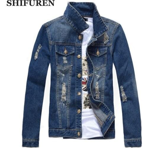 SHIFUREN Causal Men Blue Denim Jacket Long Sleeve Single Breasted Male Ripped Cowboy Jeans Jacket Outerwear Plus Size M-3XL