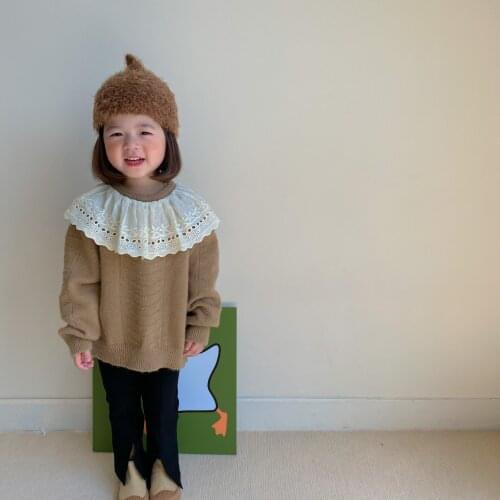 8955 Children Clothes Lace Patchwork Sweaters 2021 Autumn Winter Korean Girls' Lace Sweater 2-9Year Kids Knitted Pullovers Tops