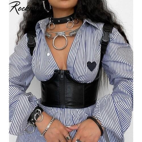 Rockmore Gothic PU Leather Corset Women Punk Style Buckle Zipper Crop Top Wear Out Bustiers Backless Tank Top Streetwear 2021