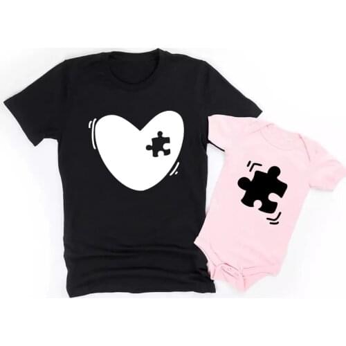 Funny Mommy and Me Outfits Heart Puzzle Piece Mother Daughter Family Matching T-Shirts Baby Bodysuits Summer Mama and Mini Tops