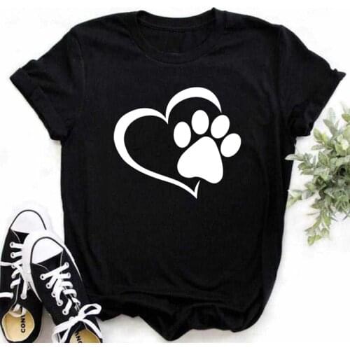 Women Dog Paw Love Heart Printed T-shirts Fashion Summer Short Sleeve Lady Womens Clothes Tops T-Shirt Black Shirt Tees Female